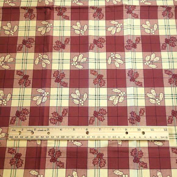 Cotton Fabric Holly Leaves Berries Red Cream Plaid Christmas Print 18x44" CPW - Picture 6 of 10